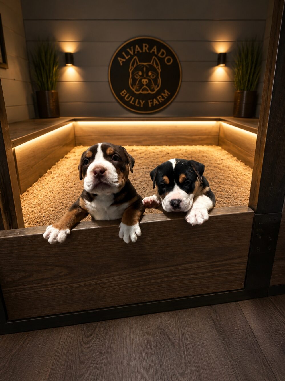 Two Alvarado Bully Farm tri puppies in the whelping box